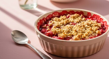 Delicious Rhubarb Crumble in Ceramic Dish with Spoon, Warm Light and Shadows