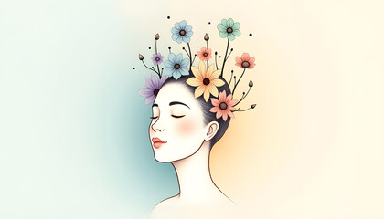 Illustration of a head with flowers. A symbol of a healthy and calm mind.