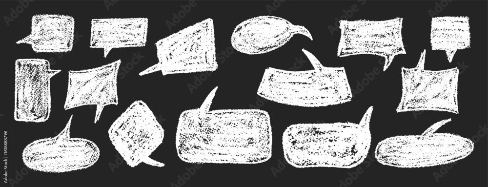 Wall mural vector set of quirky white speech bubbles and clouds on black bg. wax and charcoal squiggle style on