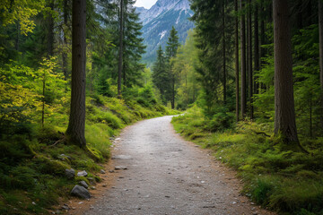 Obraz premium Scenic gravel trail winding through a dense evergreen forest with a view of misty mountains in the background. The composition highlights natural symmetry, peaceful atmosphere, and the beauty of unspo