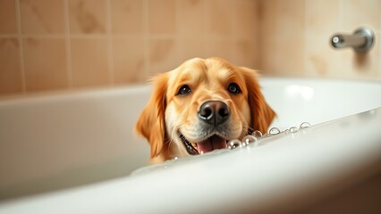 Golden retriever peeking from behind a bathtub with bubbles, capturing a playful and warm pet moment.