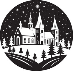 Winter Church on Snowy Hill with Starry Sky