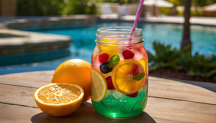 fruit infused water drink with a swimming pool background