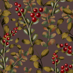 Elegant seamless pattern with watercolor branches and red berries. Ideal for autumn, rustic or festive-themed projects like textiles and cards.