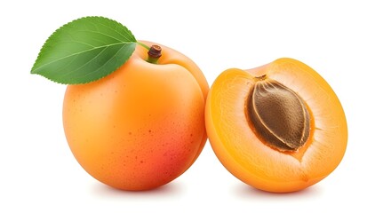 ripe apricots with leaves isolated on white