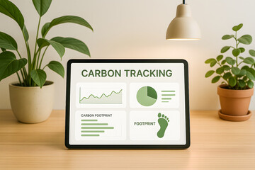 Modern digital tablet on wooden desk in a cozy, plant-filled home office, displaying carbon footprint tracking graphs, green analytics. The workspace promotes eco-conscious living, sustainable habits
