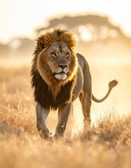 Alpha Lion Walking Through the Savanna at Golden Hour