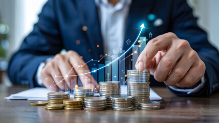 Professional investor stacking coins for financial growth with upward trending graph overlaying image