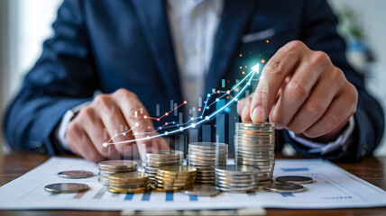 Drive financial growth by stacking coins with upward trending graph and confident business professional