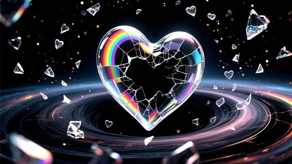 Shattered rainbow crystal heart floating in a cosmic vortex