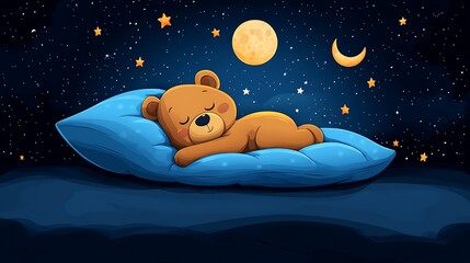 Adorable teddy bear sleeping soundly on a pillow under the night sky.