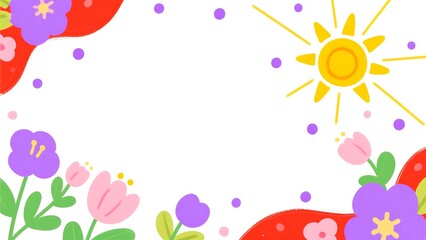 Whimsical spring floral border with sunny rays and purple dots