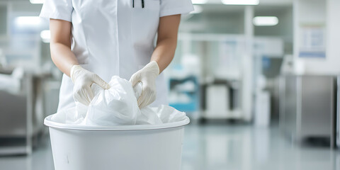 Medical professional disposes of contaminated material in a clinic environment. Wearing protective gloves, maintains hygiene standards.