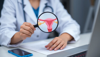 Doctor examines uterus illustration through magnifying glass