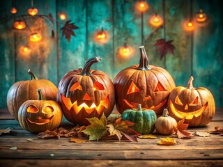 Fototapeta premium Illuminated jackolanterns and autumn leaves create a festive halloween scene