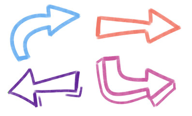 Set of colorful, hand-drawn, arrows for note-taking, annotations, presentations, etc Blue, peach, purple and pink arrow
