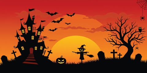 A vibrant Halloween-themed illustration showcasing a silhouette of a haunted castle, a scarecrow, and a graveyard under a fiery sunset.