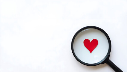 Red heart magnified through glass on white love magnifying
