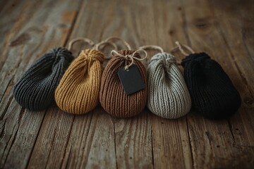 Five small drawstring fabric gift bags with tags on a rustic wooden background