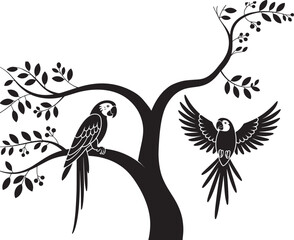 Fototapeta premium Stylized black and white vector illustration of parrots on a tree macaw bird