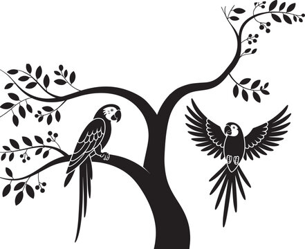 Stylized black and white vector illustration of parrots on a tree macaw bird