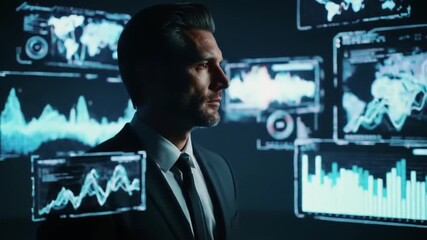 Businessman analyzing financial data on multiple screens in a modern office setting - Powered by Adobe