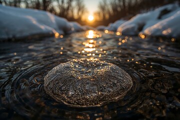 Captivating circular ice formation floating in a serene winter stream during a golden sunset. The last light of day reflects on the melting ice.