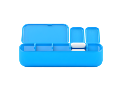 Blue pill organizer with white capsules isolated on a transparent background container