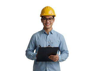Portrait of confident young male engineer in hard hat, isolated with transparent background,