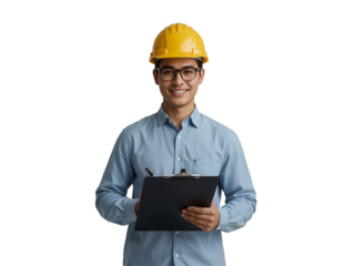 Portrait of confident young male engineer in hard hat, isolated with transparent background,