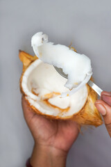 Vertical photo of young coconut is tasty for drinking juice and nice shell or pulp to eat, It is a tropical fruit which grown well near salt water, healthy diet food