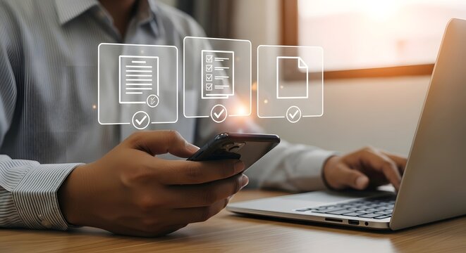 Streamline document management workflow with mobile app and laptop for efficient task completion