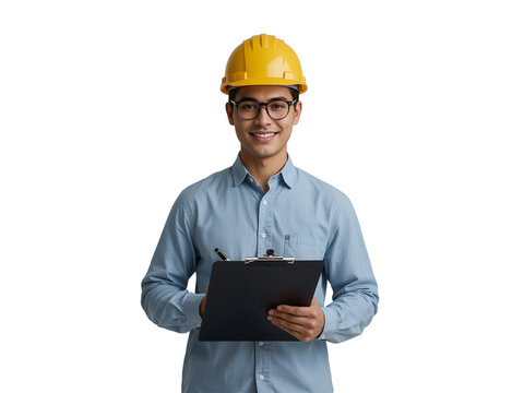 Portrait of confident young male engineer in hard hat, isolated with transparent background,