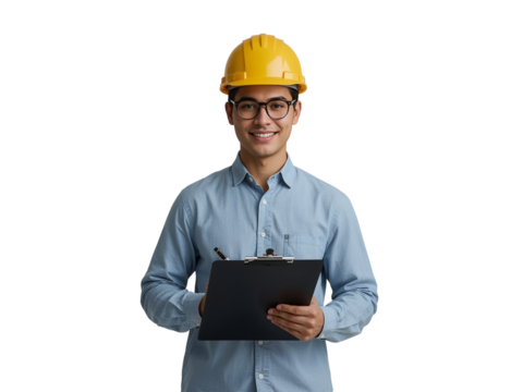 Portrait of confident young male engineer in hard hat, isolated with transparent background,