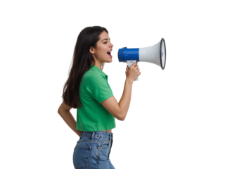 Young woman communicating through megaphone with an isolated transparent background, conveying