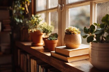 Sunlit windowsill decorated with various potted plants and stacked vintage books, creating a warm and peaceful indoor atmosphere. Ideal image for themes related to interior design, cozy living, mindfu