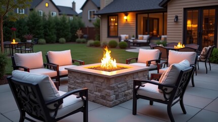 Contemporary gas fire pit table surrounded by outdoor furniture in cold backyard with elegant design and comfortable setting.

