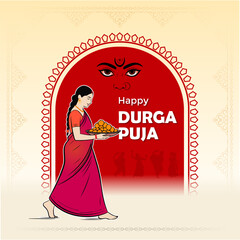Durga Puja Celebration Indian Hindu Woman with Offerings Vector Illustration