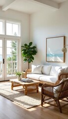 Fototapeta premium Bright & Airy Living Room Summer Retreat Design with Whitewashed Walls, Large Windows, and Wicker Furniture. Perfect for Relaxation and Beachy Vibes.