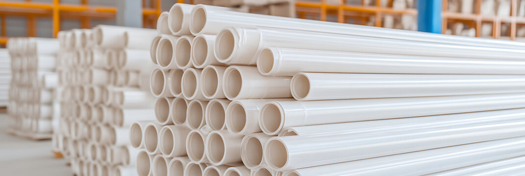 Stacks of white plastic pipes neatly arranged. Clean, organized industrial storage of plumbing materials, ready for construction or maintenance projects.