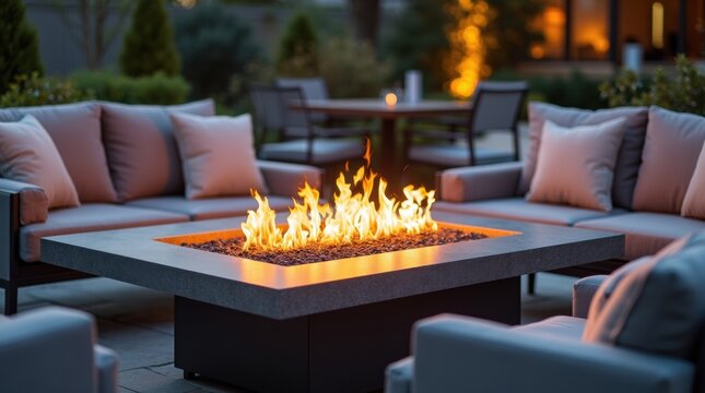 Contemporary gas fire pit table surrounded by outdoor furniture in cold backyard with elegant design and comfortable setting.

