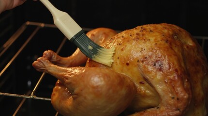 Detailed shot of cook using basting brush to apply melted herb butter over golden turkey skin while bird remains in oven with door open for quick access.

