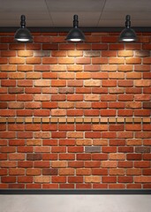 A red brick wall illuminated by three black industrial pendant lights hanging from above. The brick wall displays beautiful natural color variations in warm tones of red, orange, and brown.