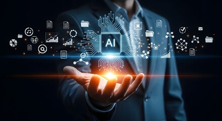 Ai artificial intelligence technology concept businessman holding digital brain innovation