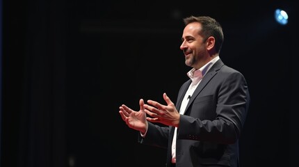 Detailed shot of professional speaker making hand gestures during stage presentation with dramatic lighting and focused expression.


