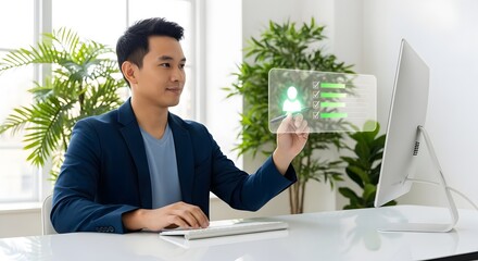 Asian man using futuristic interface for project management and task completion checklist app