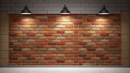 A brick wall in shades of red, brown, and beige, bathed in warm light from three black dome-shaped pendant fixtures, with a smooth, light-tiled floor below.