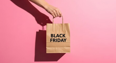 Person Holding Black Friday Shopping Bag Against Pink Background