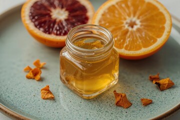 A small glass jar of golden honey presented with fresh, sliced blood orange and navel orange on a ceramic plate.