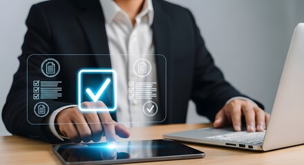 Businessman using digital checklist app on tablet for task management and productivity improvement